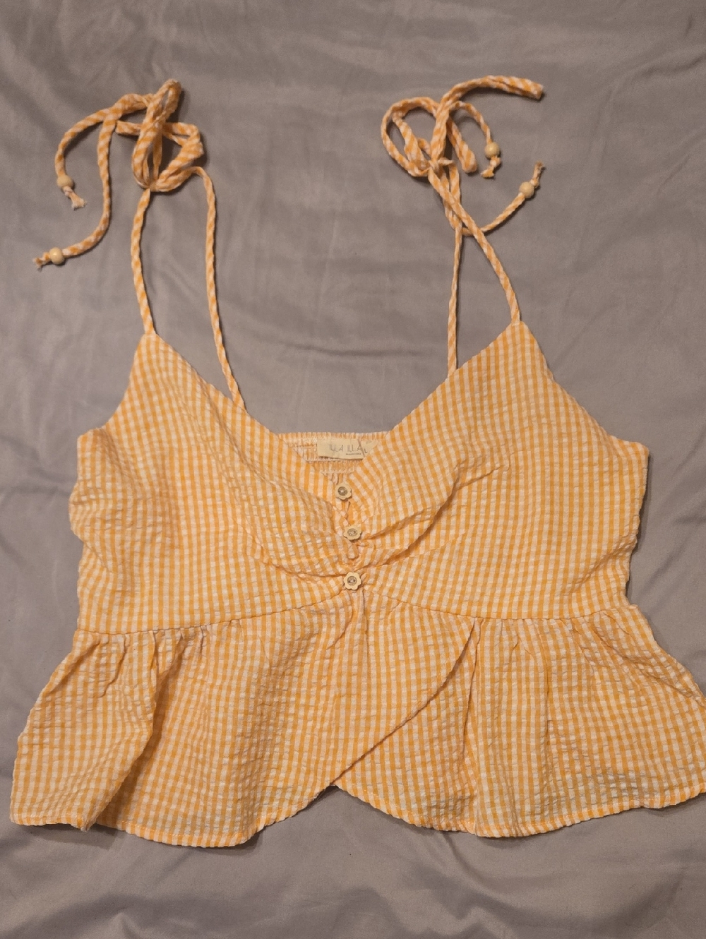 ILLA ILLA Yellow Gingham Tie-Strap Peplum Camisole